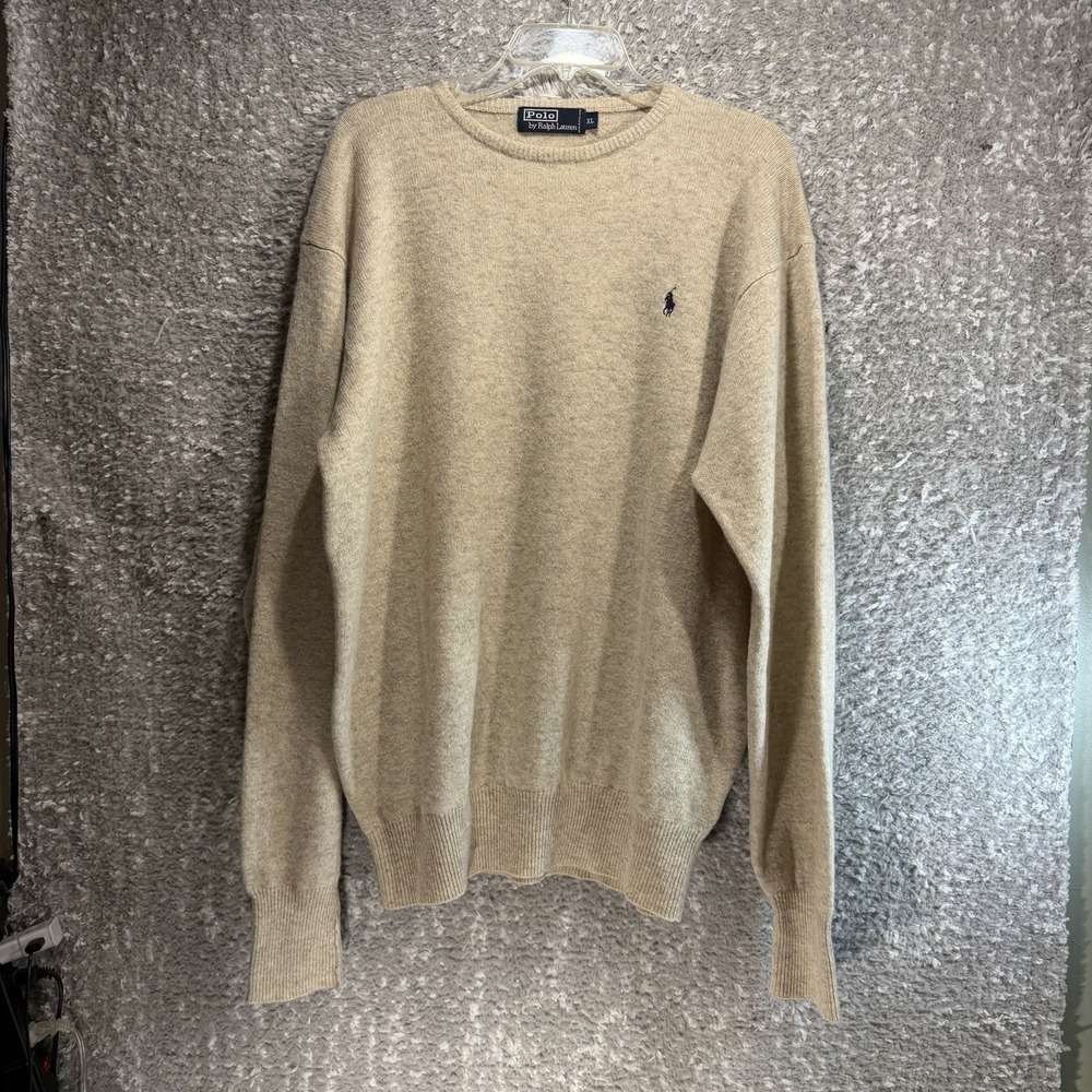 Vintage Polo By Ralph Lauren Lambs Wool Crewneck Mens XL Tan Brown Quiet Luxury